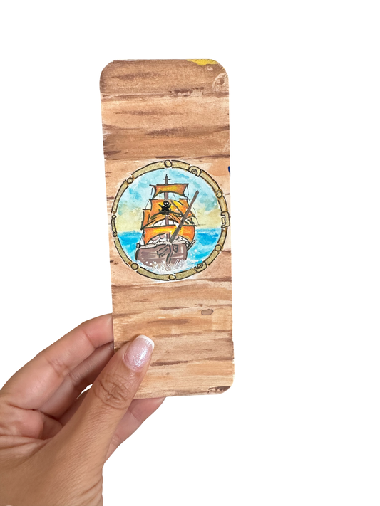 HAND-PAINTED WATERCOLOR BOOKMARK; PIRATE SHIP