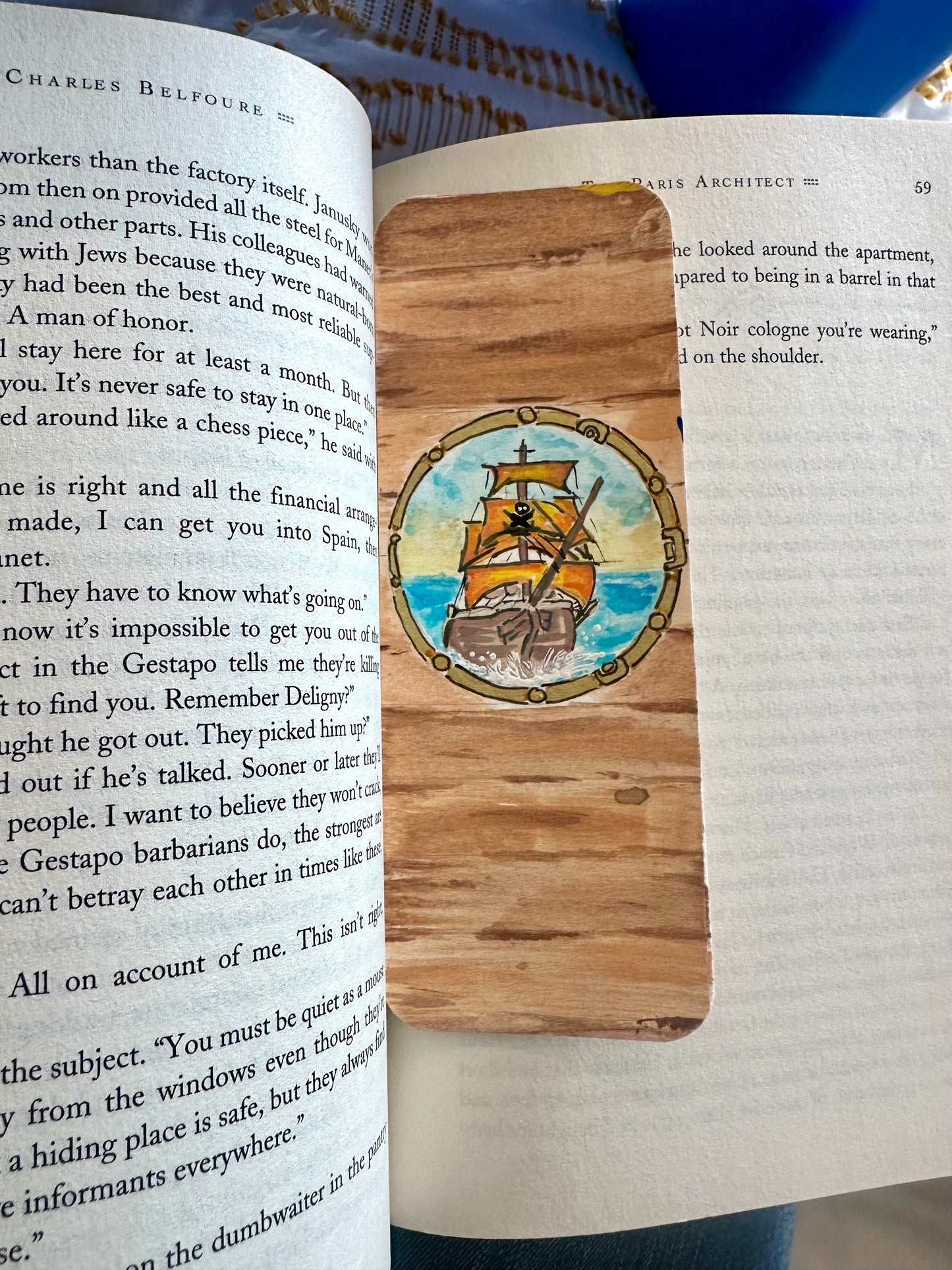 HAND-PAINTED WATERCOLOR BOOKMARK; PIRATE SHIP