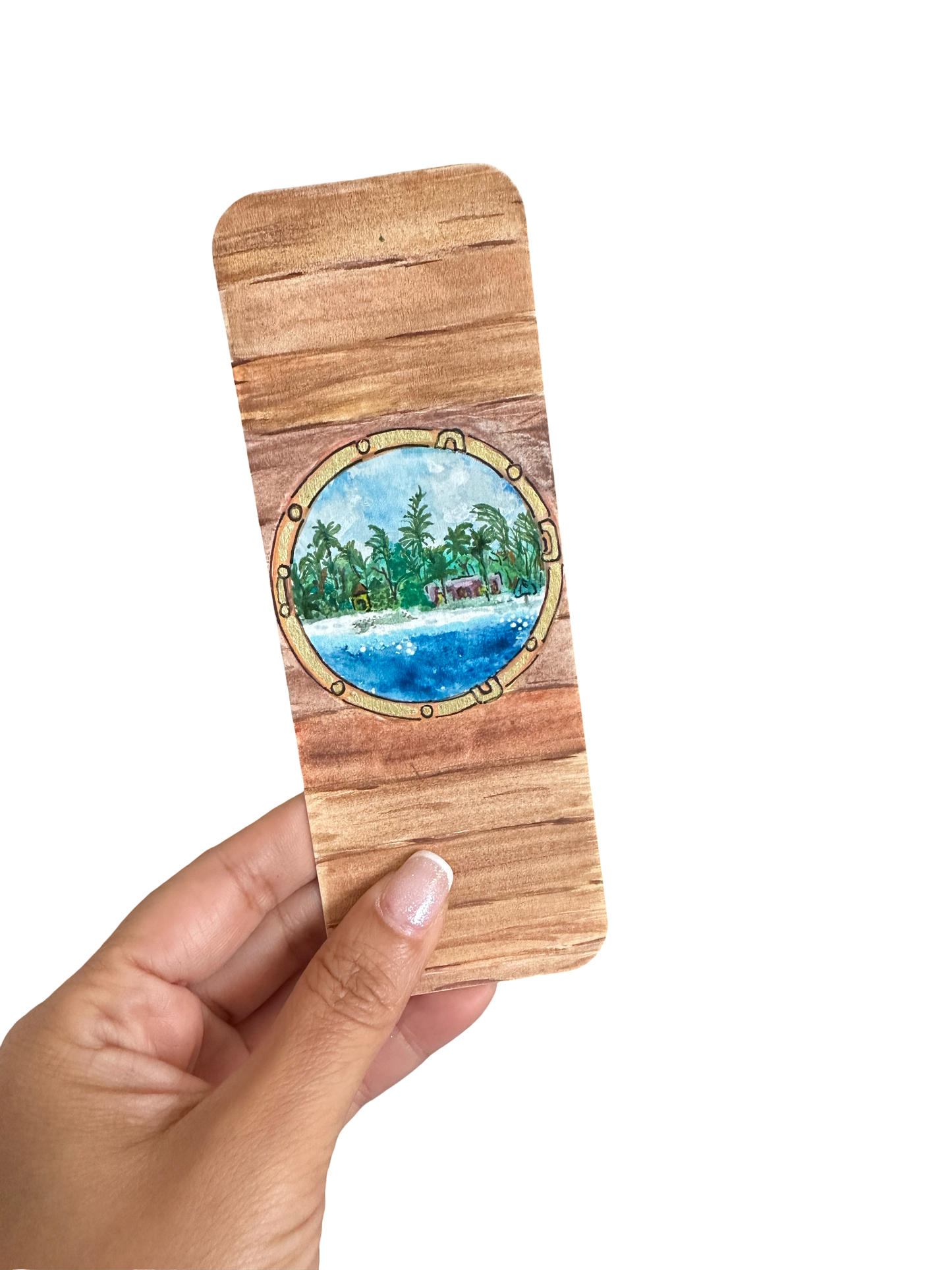 HAND-PAINTED WATERCOLOR BOOKMARK; TROPICAL PINK HOUSE